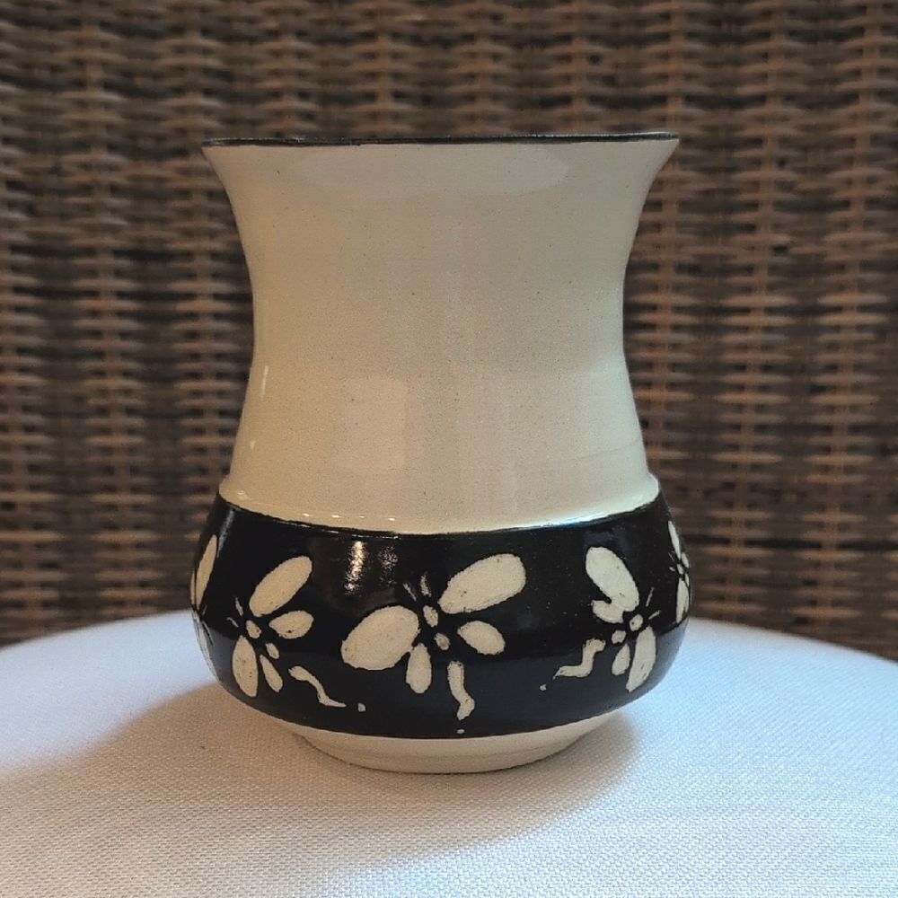 JH Pottery Handcrafted Black and Ivory Dragonfly Vase